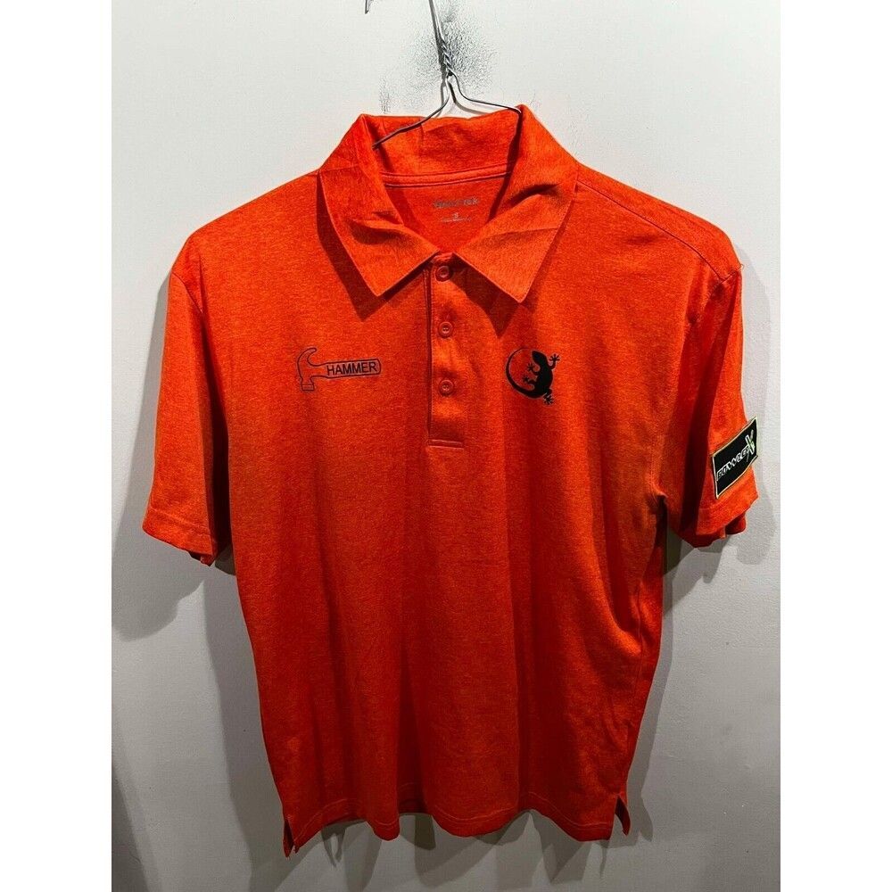 Hammer Bowling Polo Men's Size S Orange Polo Patch 1/4 Button Up Gecko